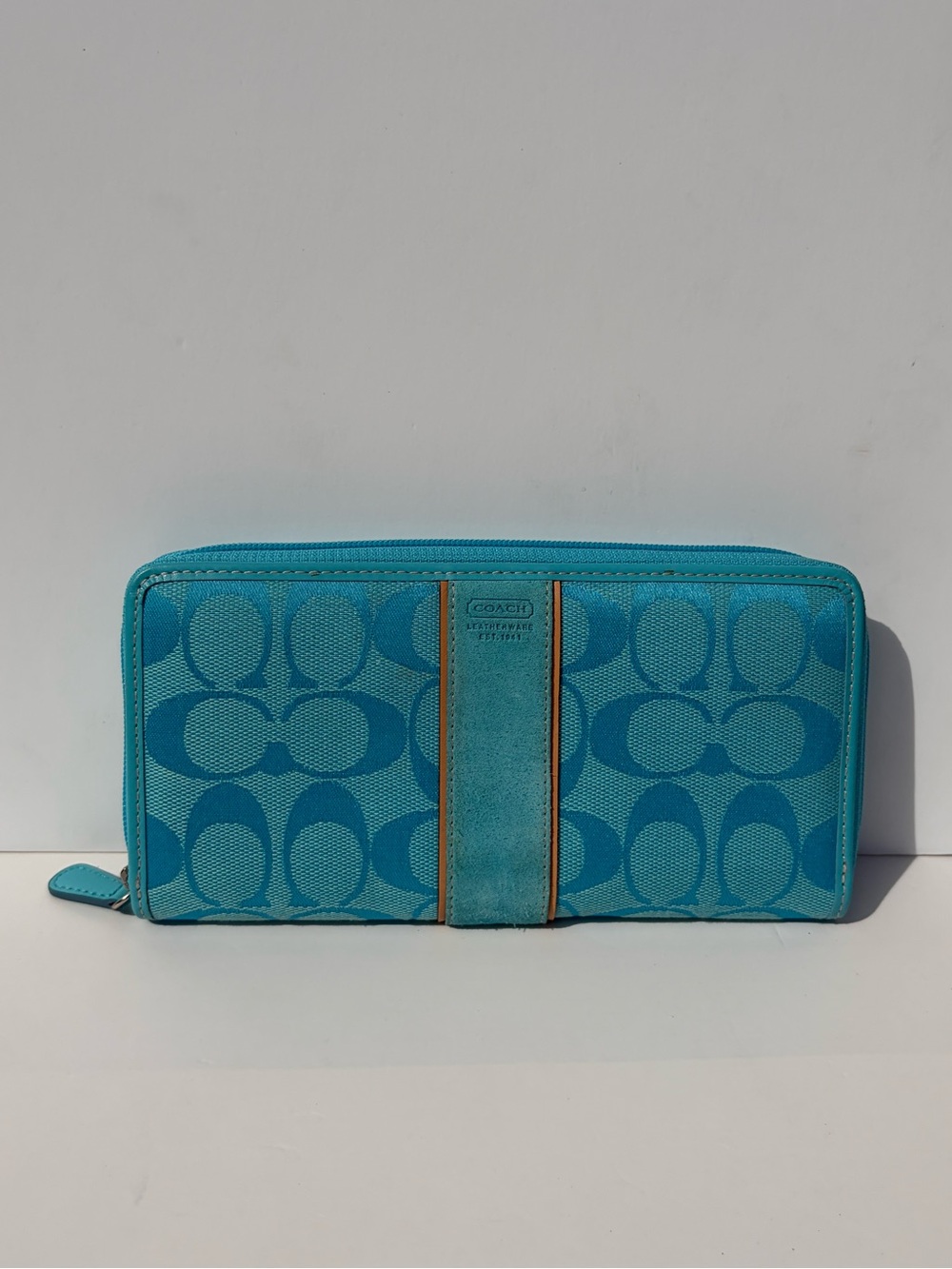 VTG Y2K Coach Turquoise Signature Canvas Zip Around Wallet Stripe Like New